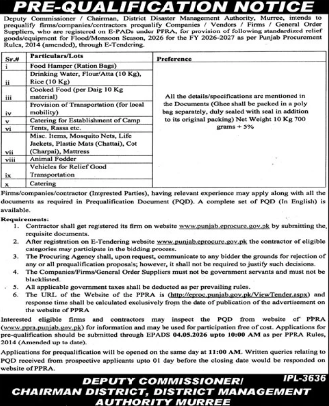 Pre-Qualification of Firms/Companies/Contractors for Provision of Standardized Relief Goods/Equipment for Flood/Monsoon Season, 2026
